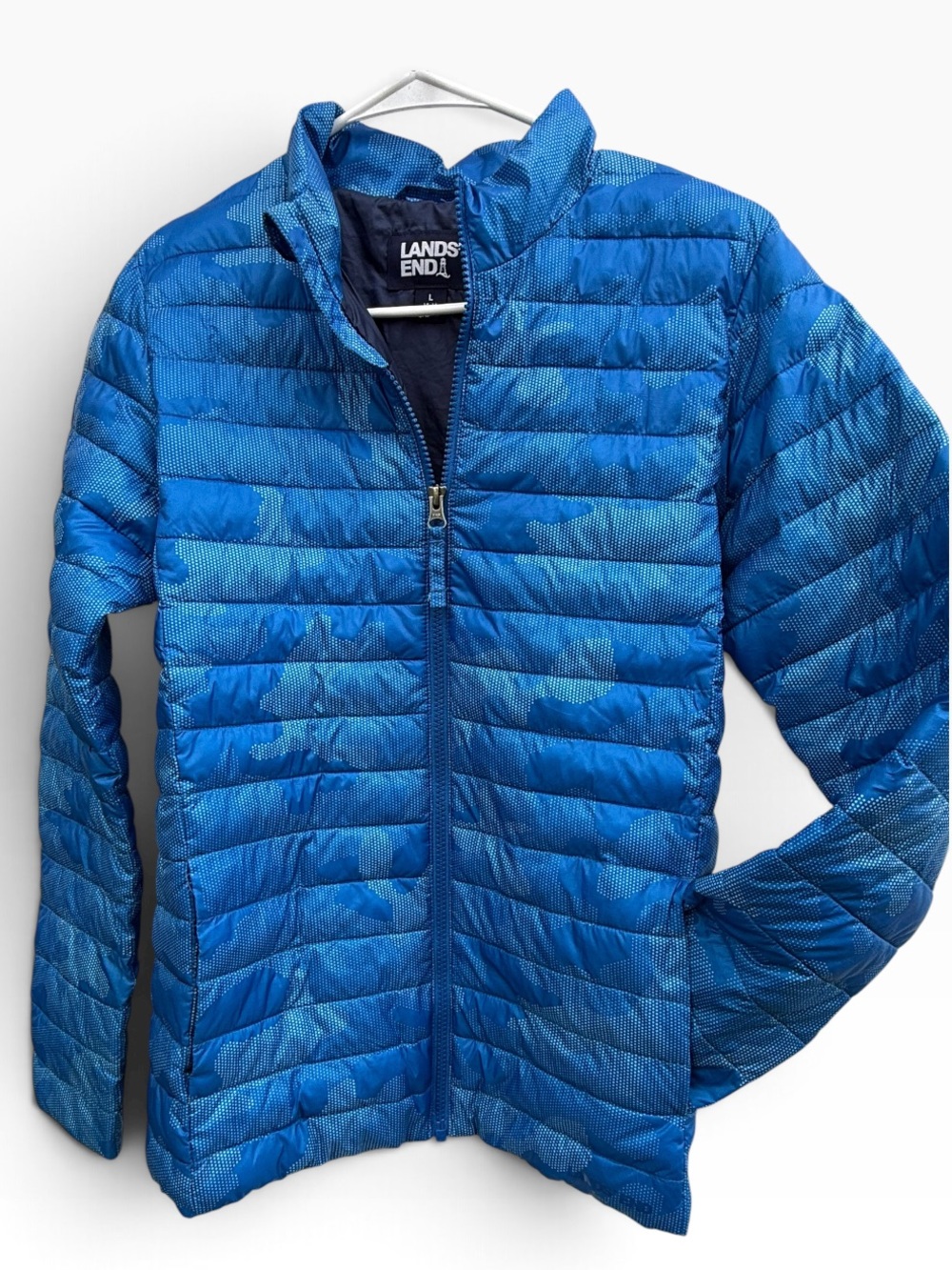 Lands' End Kids Blue Camo Packable Puffer Jacket Size L 14-16 Like New
